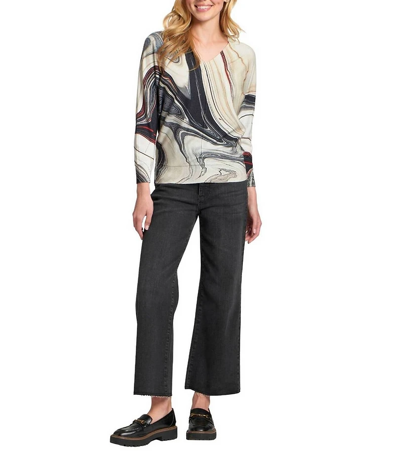 APNY Knit Printed V-Neck Long Sleeve Sweater Top