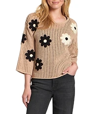 APNY Knit Round Neck Floral Embroidered Floral 3/4 Sleeve Top