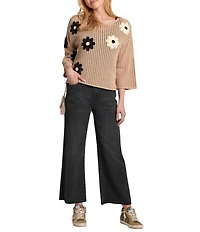 APNY Knit Round Neck Floral Embroidered Floral 3/4 Sleeve Top