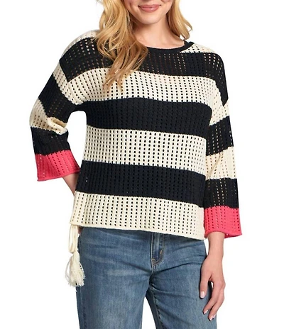 APNY Knit Stripe 3/4 Sleeve Round Neck Modern Crochet Tape Yarn Sweater