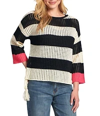 APNY Knit Stripe 3/4 Sleeve Round Neck Modern Crochet Tape Yarn Sweater