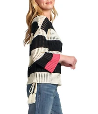 APNY Knit Stripe 3/4 Sleeve Round Neck Modern Crochet Tape Yarn Sweater