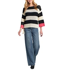 APNY Knit Stripe 3/4 Sleeve Round Neck Modern Crochet Tape Yarn Sweater