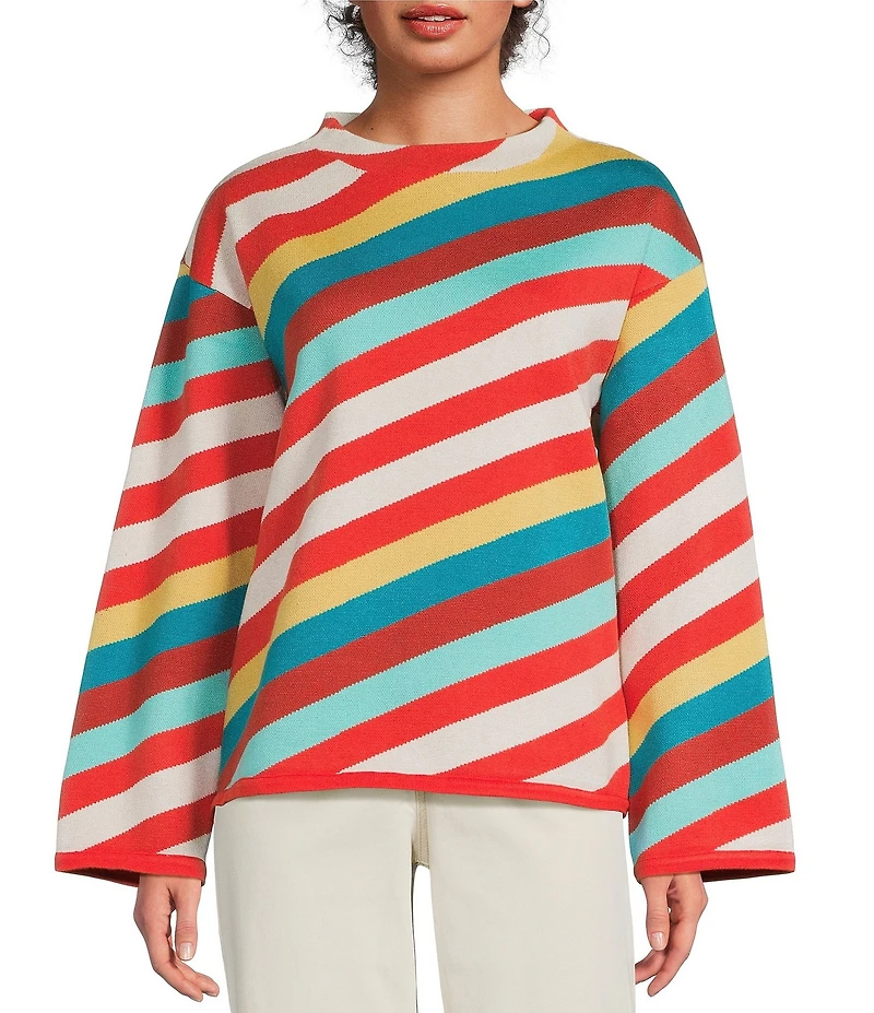 APNY Knit Stripped Mock Neck Long Sleeve Top