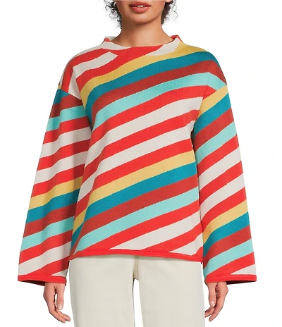 APNY Knit Stripped Mock Neck Long Sleeve Top