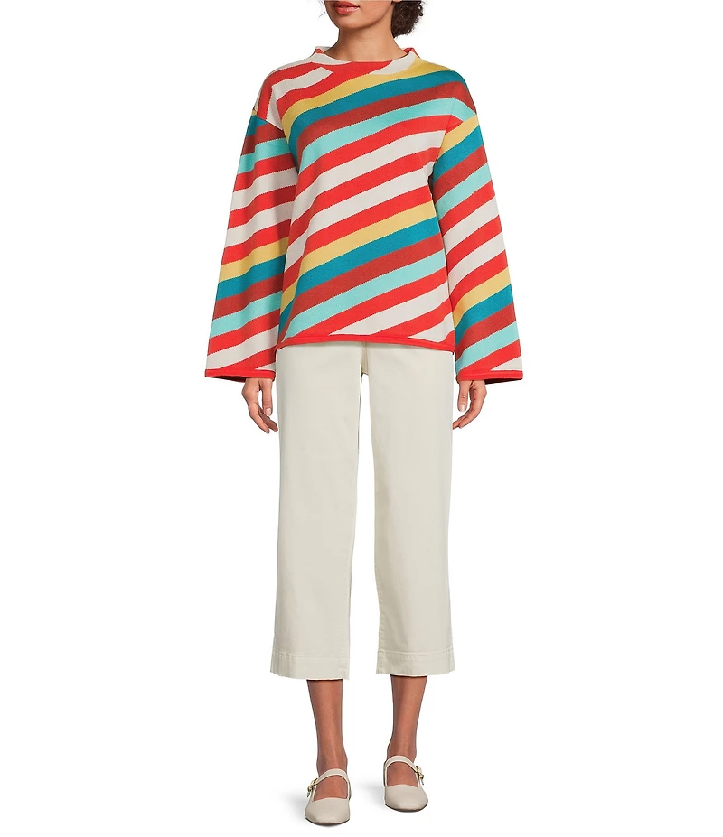 APNY Knit Stripped Mock Neck Long Sleeve Top