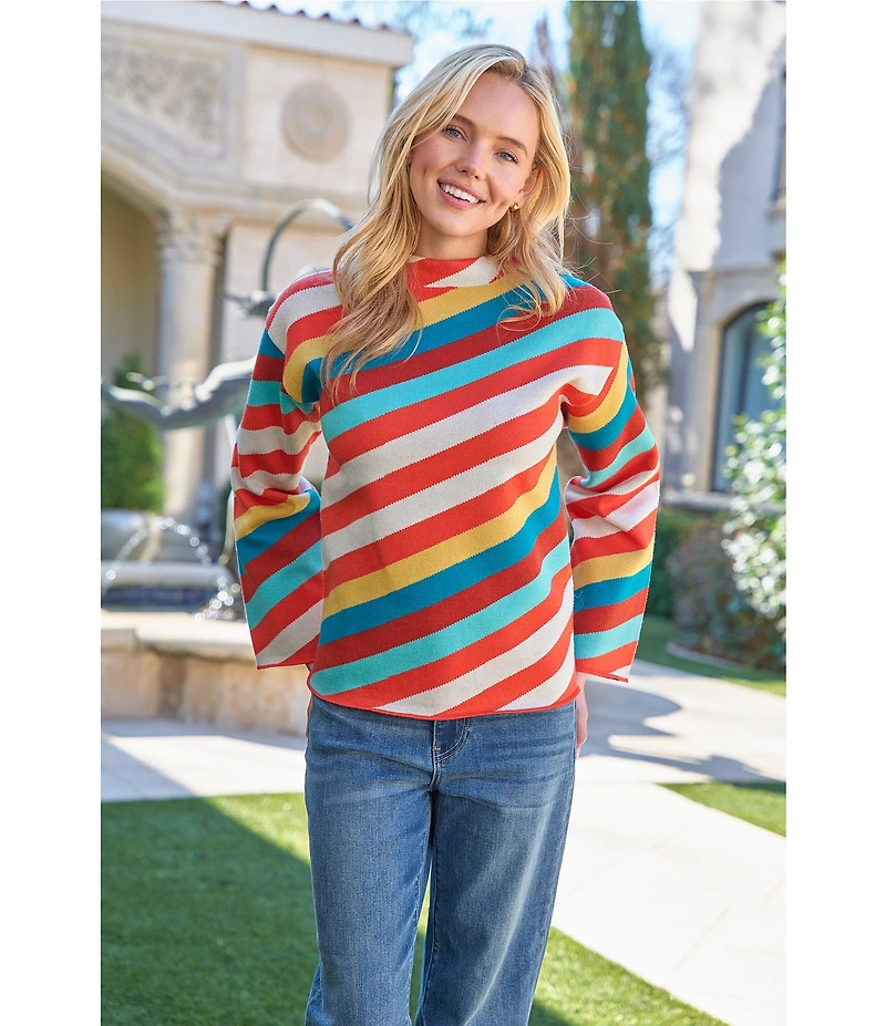 APNY Knit Stripped Mock Neck Long Sleeve Top