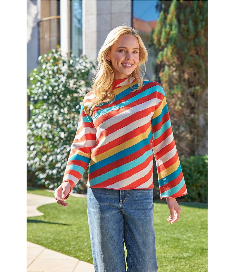 APNY Knit Stripped Mock Neck Long Sleeve Top