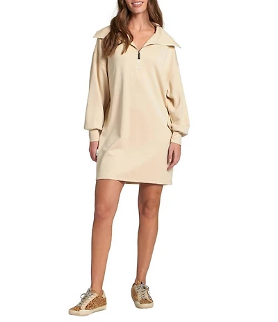 APNY Knit V-Neck Long Sleeve Half Zip Oversized Mini Sweatshirt Dress