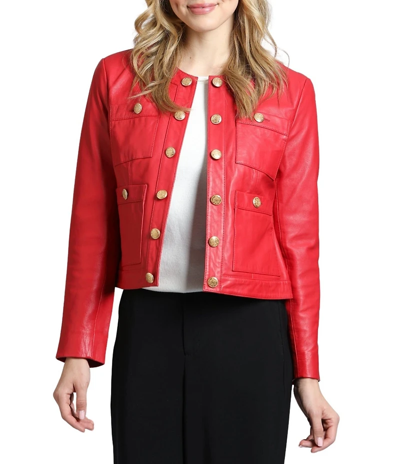 APNY Lamb Leather Collarless Long Sleeve Button Down Jacket