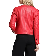 APNY Lamb Leather Collarless Long Sleeve Button Down Jacket