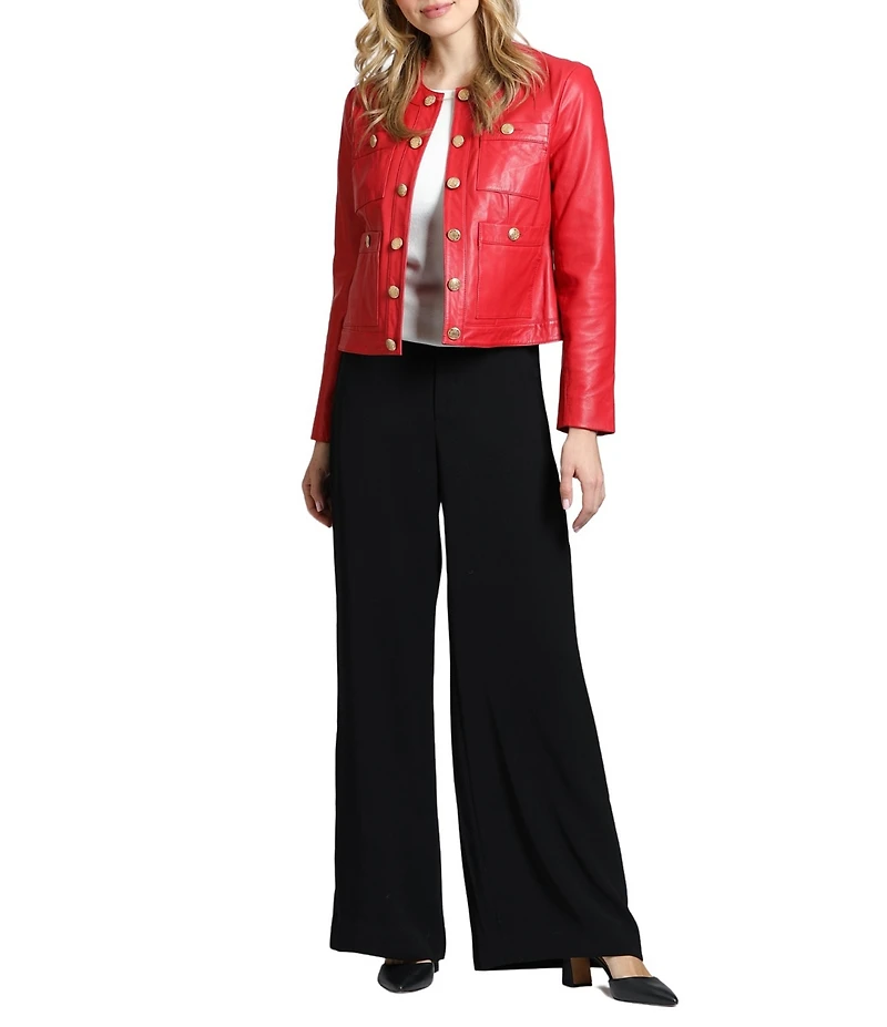 APNY Lamb Leather Collarless Long Sleeve Button Down Jacket