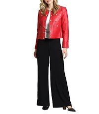 APNY Lamb Leather Collarless Long Sleeve Button Down Jacket