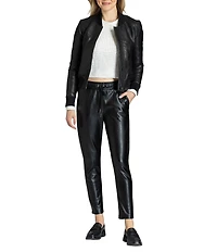 APNY Lamb Leather Collarless Long Sleeve Patched Bomber Jacket