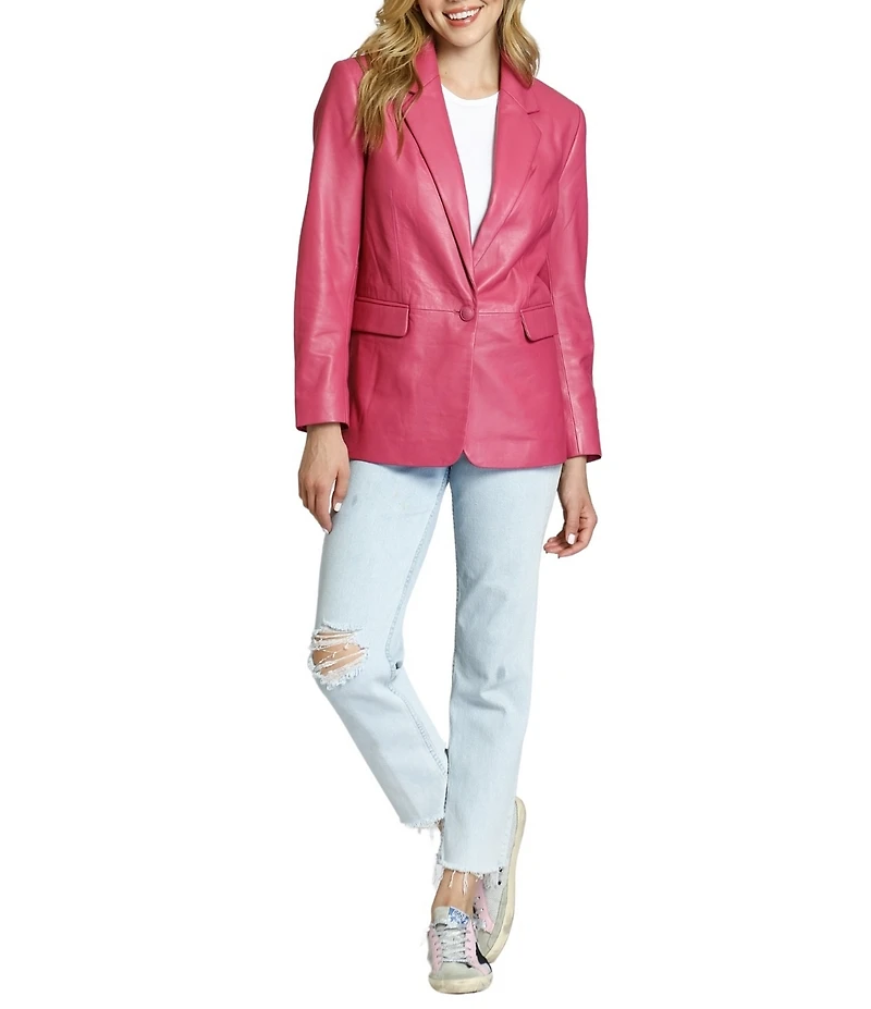 APNY Lamb Leather Notch Collar Long Sleeve Boyfriend Blazer