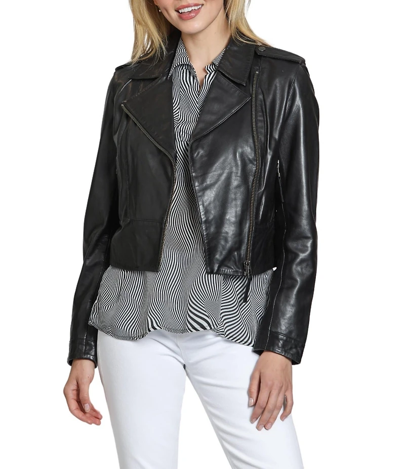 APNY Lamb Leather Notch Collar Long Sleeve Cropped Jacket