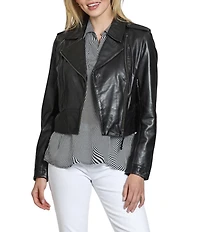 APNY Lamb Leather Notch Collar Long Sleeve Cropped Jacket