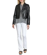 APNY Lamb Leather Notch Collar Long Sleeve Cropped Jacket