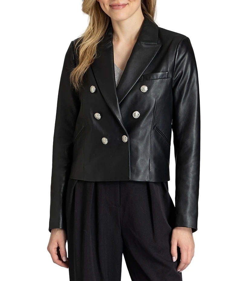 APNY Lamb Leather Notch Collar Long Sleeve Double Breasted Cropped Jacket