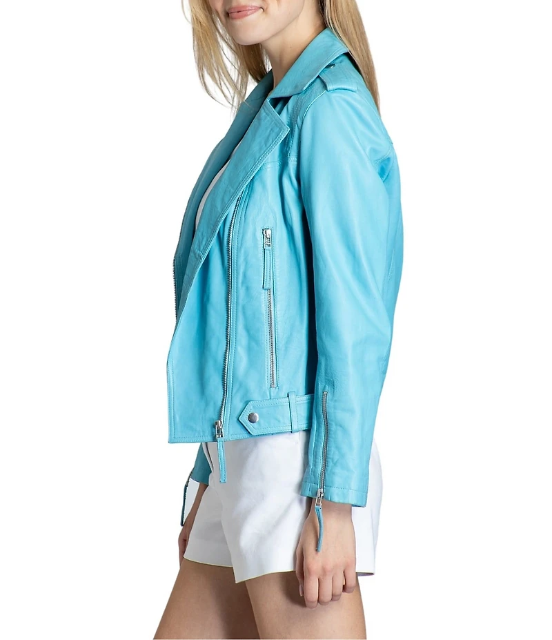APNY Lamb Leather Notch Collar Long Sleeve Moto Jacket