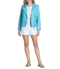 APNY Lamb Leather Notch Collar Long Sleeve Moto Jacket