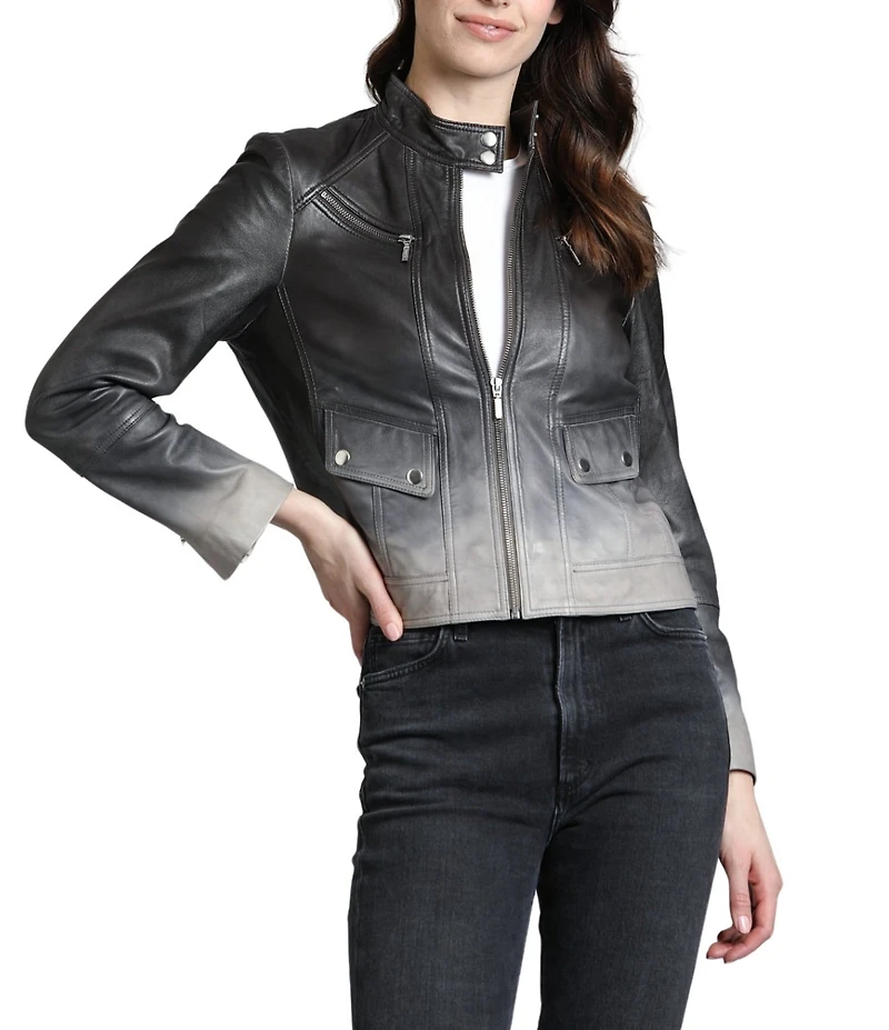 APNY Lamb Leather Ombre Banded Collar Long Sleeve Jacket