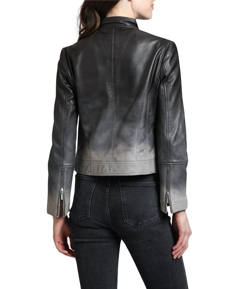 APNY Lamb Leather Ombre Banded Collar Long Sleeve Jacket
