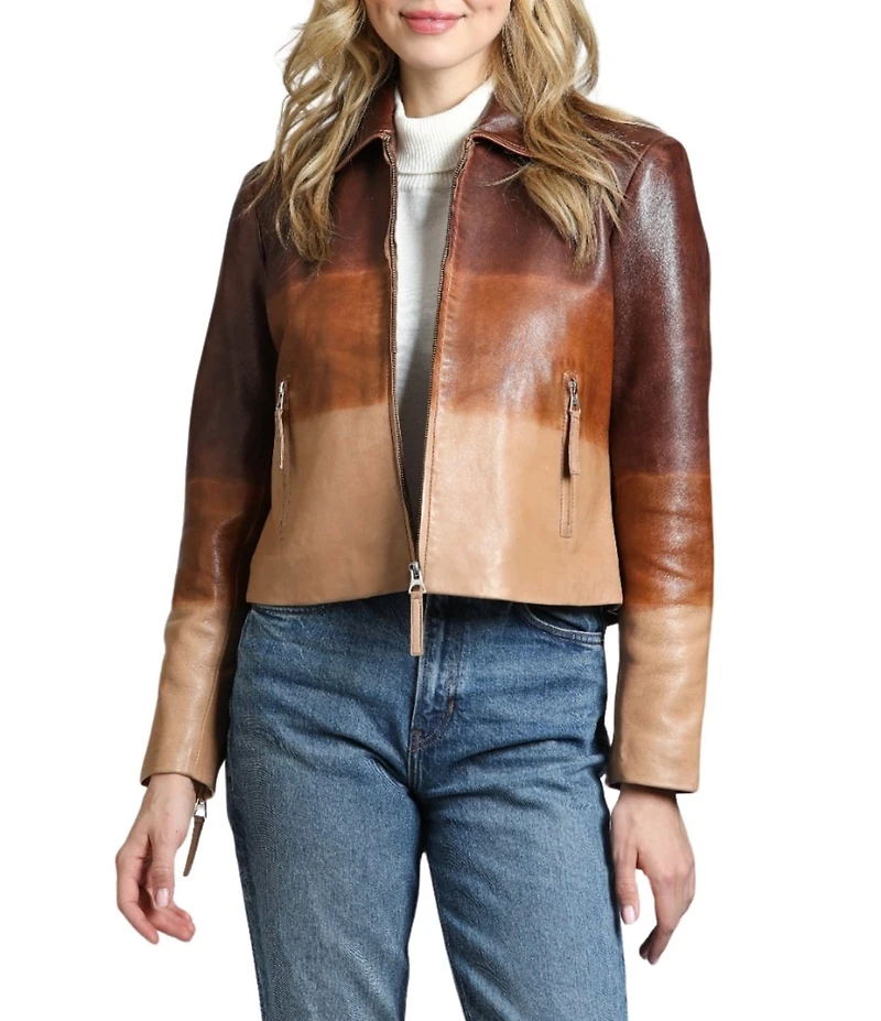 APNY Lamb Leather Ombre Print Spread Collar Long Sleeve Zip Front Jacket