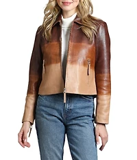 APNY Lamb Leather Ombre Print Spread Collar Long Sleeve Zip Front Jacket
