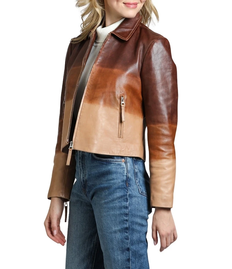 APNY Lamb Leather Ombre Print Spread Collar Long Sleeve Zip Front Jacket