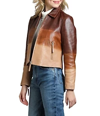 APNY Lamb Leather Ombre Print Spread Collar Long Sleeve Zip Front Jacket