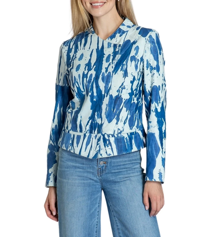 APNY Lamb Leather Printed Collarless Long Sleeve Jacket