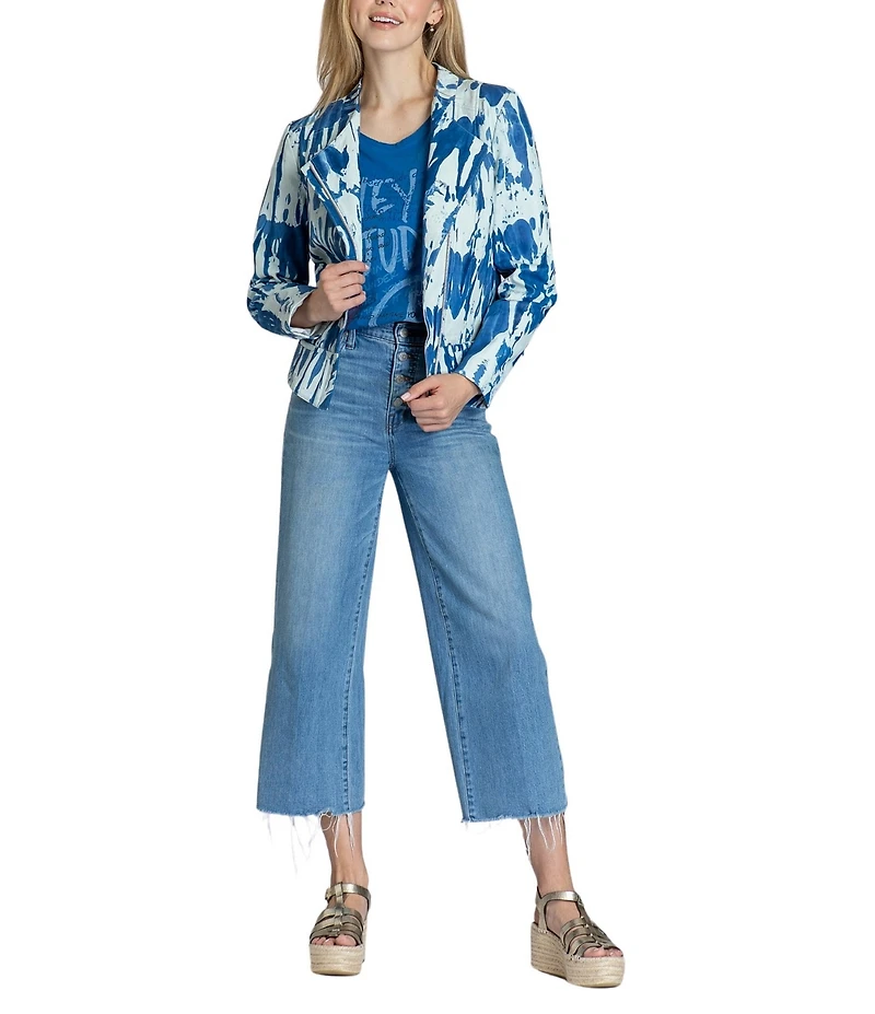 APNY Lamb Leather Printed Collarless Long Sleeve Jacket