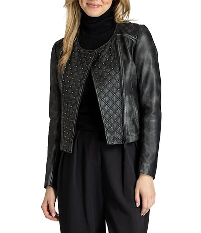 APNY Lamb Leather Quilted Beaded Collarless Long Sleeve Jacket