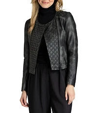 APNY Lamb Leather Quilted Beaded Collarless Long Sleeve Jacket