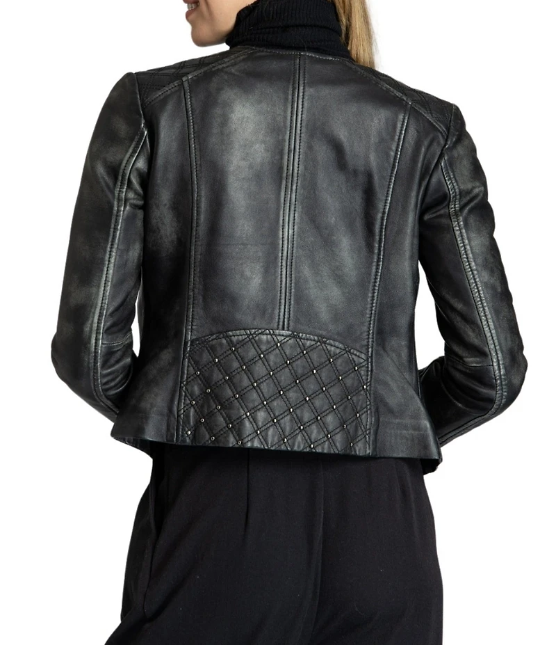 APNY Lamb Leather Quilted Beaded Collarless Long Sleeve Jacket