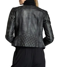 APNY Lamb Leather Quilted Beaded Collarless Long Sleeve Jacket