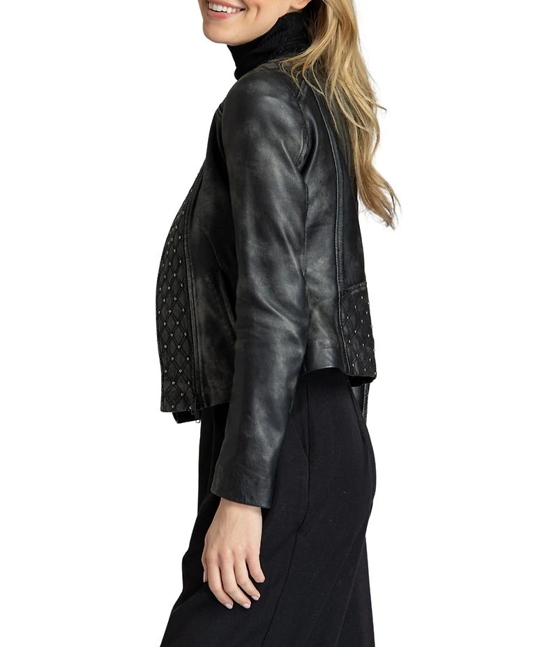 APNY Lamb Leather Quilted Beaded Collarless Long Sleeve Jacket