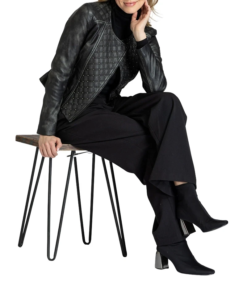 APNY Lamb Leather Quilted Beaded Collarless Long Sleeve Jacket