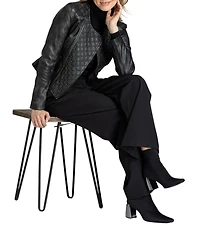 APNY Lamb Leather Quilted Beaded Collarless Long Sleeve Jacket