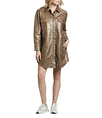 APNY Lamb Leather Spread Collar Long Sleeve Shirt Dress