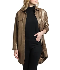 APNY Lamb Leather Spread Collar Long Sleeve Shirt Dress