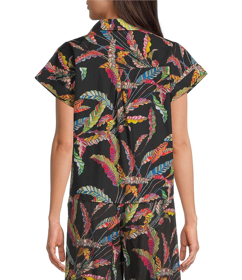 APNY Leaf Print Spread Collar Short Sleeve Tie-Front Camp Shirt