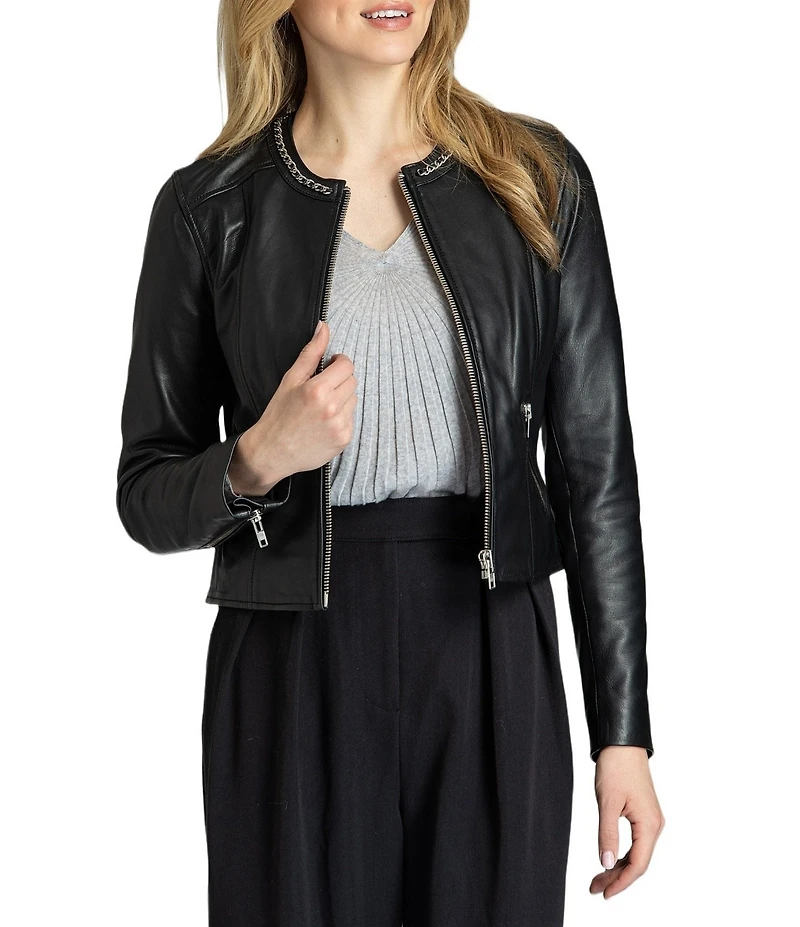 APNY Leather Round Chain Neck Long Sleeve Zip Front Jacket
