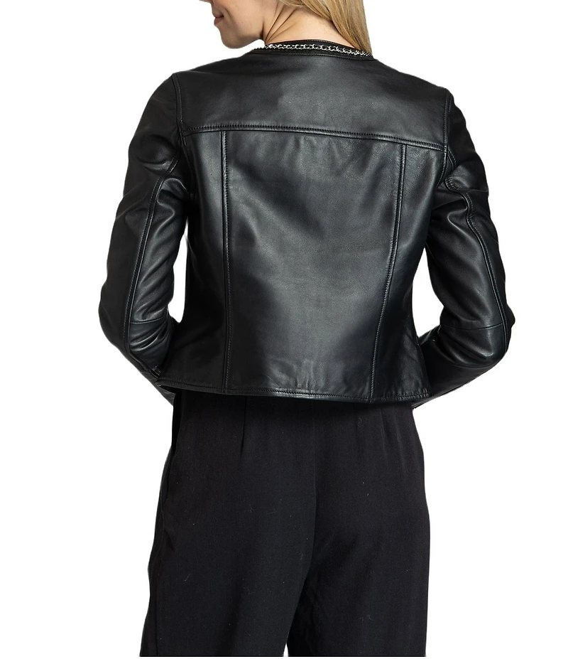 APNY Leather Round Chain Neck Long Sleeve Zip Front Jacket