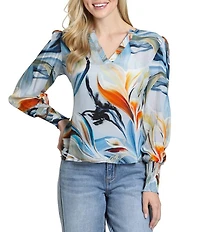APNY Lightweight Woven Abstract Floral Print Split Neck Long Sleeve Pullover Top