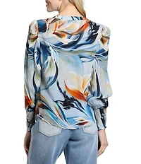 APNY Lightweight Woven Abstract Floral Print Split Neck Long Sleeve Pullover Top