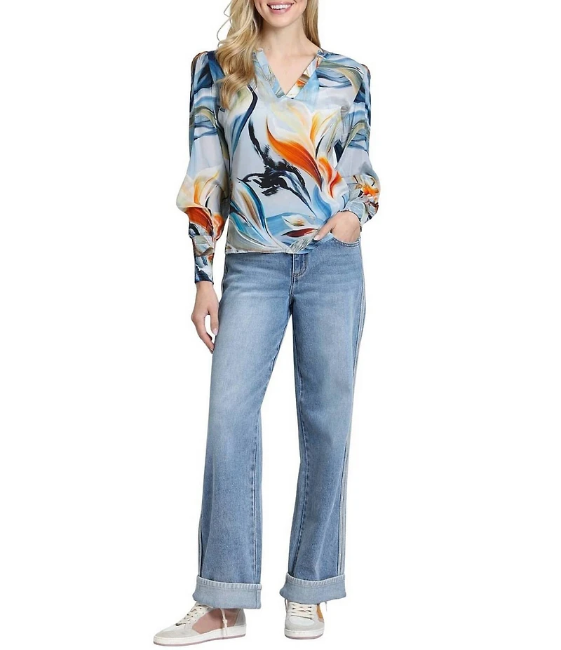 APNY Lightweight Woven Abstract Floral Print Split Neck Long Sleeve Pullover Top