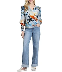 APNY Lightweight Woven Abstract Floral Print Split Neck Long Sleeve Pullover Top