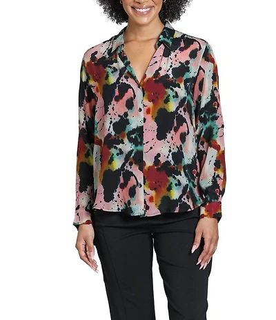 APNY Lightweight Woven Abstract Watercolor Print Point Collar Long Sleeve Front Button Shirt